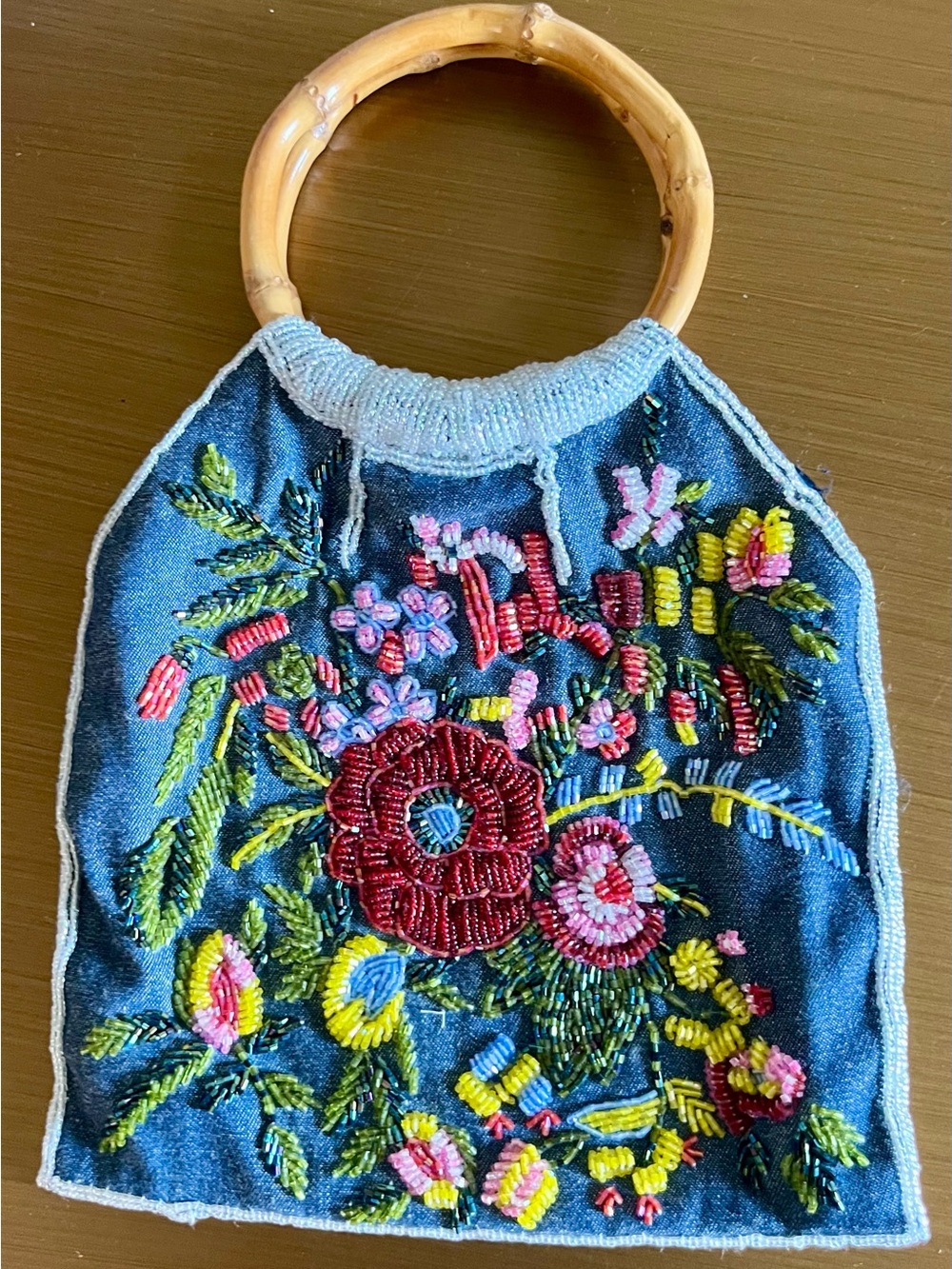 Embroidered Floral Denim Tote with Bamboo Handles, 5 by 7 fabric pouch